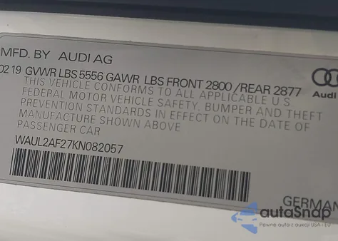 2019 Audi A6 55 Premium z USA, uszkodzony, nr VIN WAUL2AF27KN082057